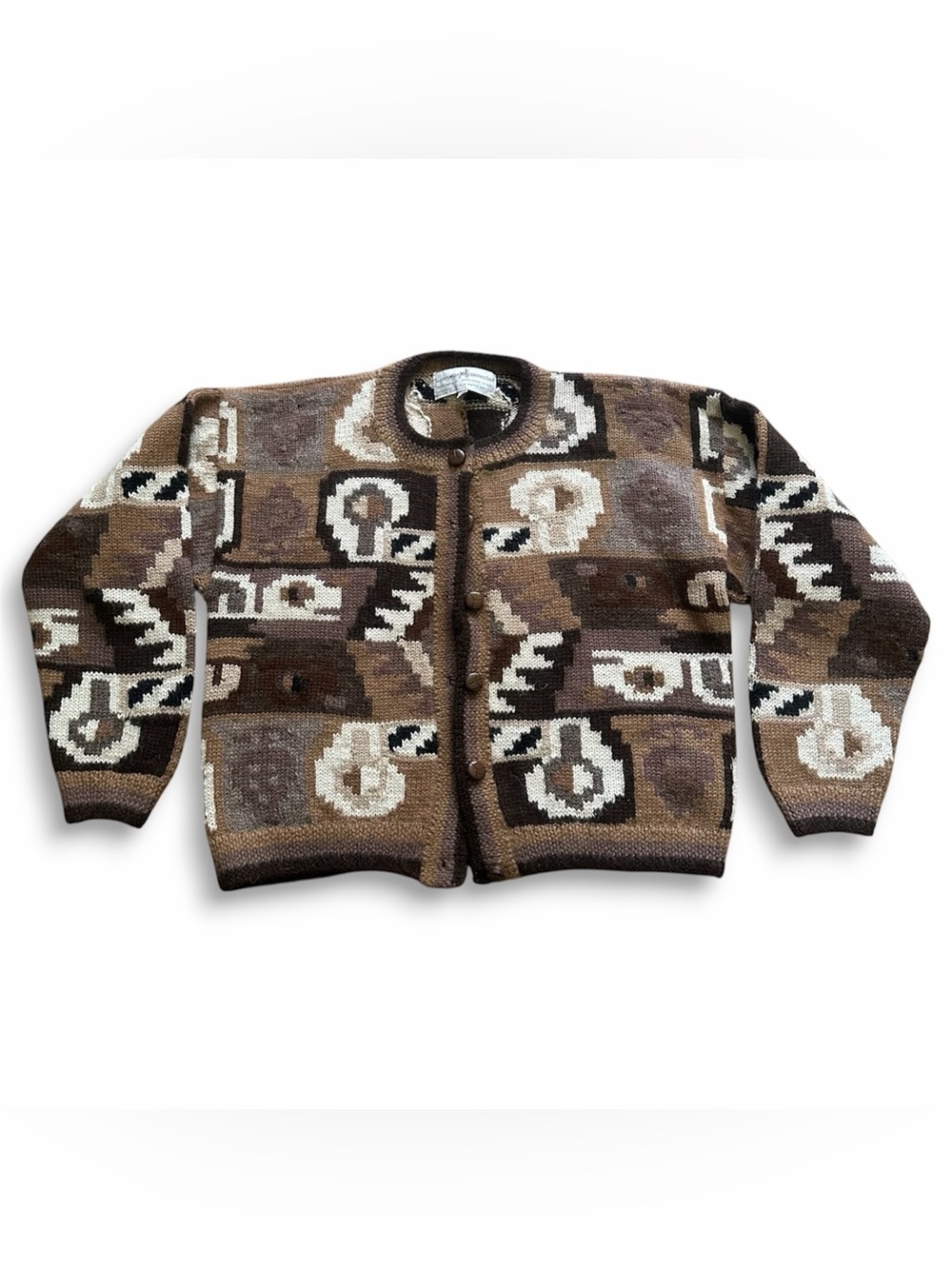 Vintage Peruvian Connection Alpaca Tribal Geometric Cardigan Sweater Brown
